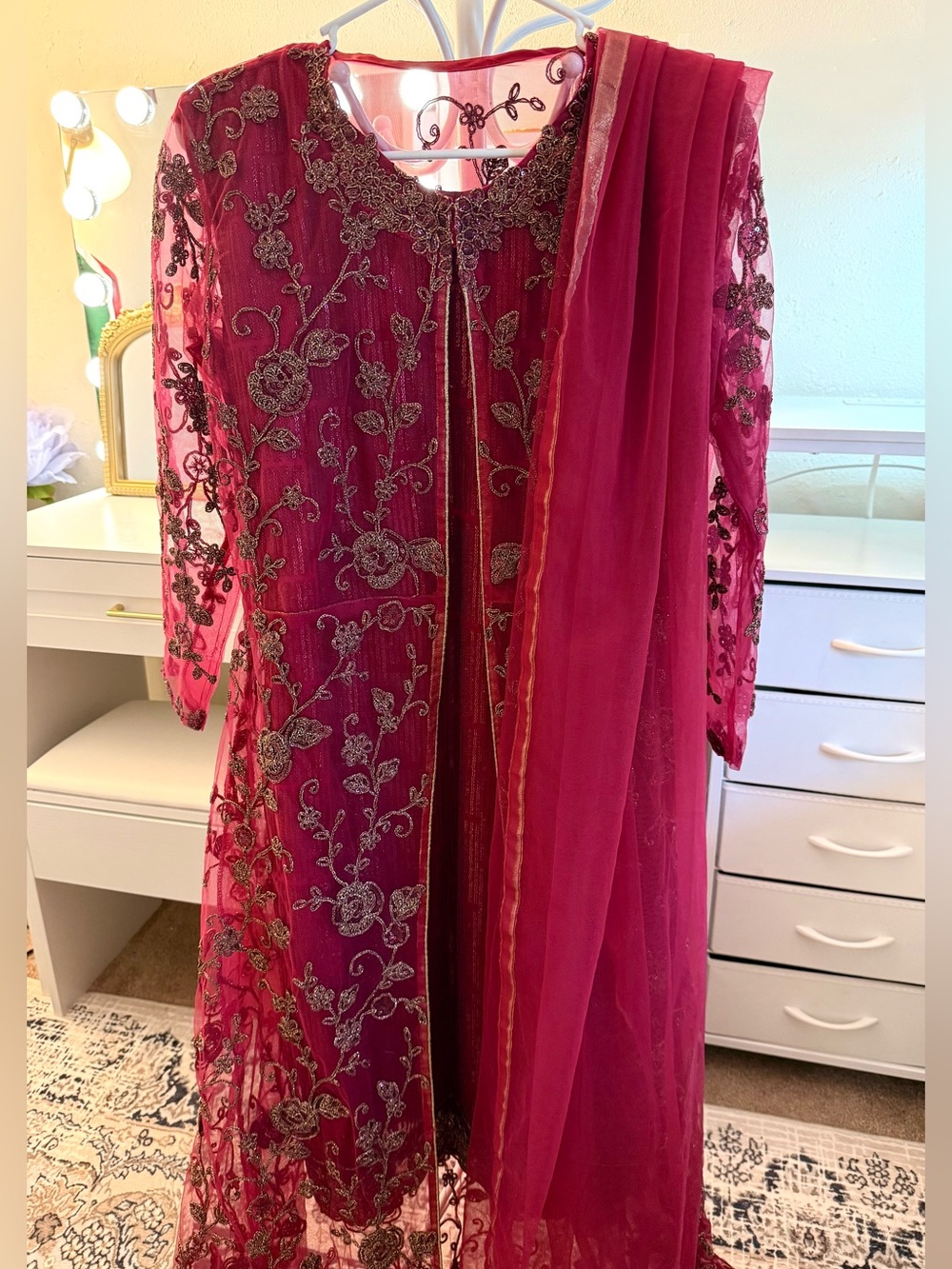 Embroidered Desi Shalwar Kameez Fuchsia Dress with Sheer Dupatta